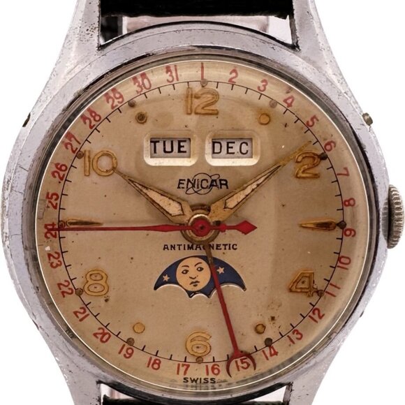 Vintage Enicar Triple Date Moonphase 160 Men's Mechanical Wristwatch Swiss Runs - Picture 1 of 10